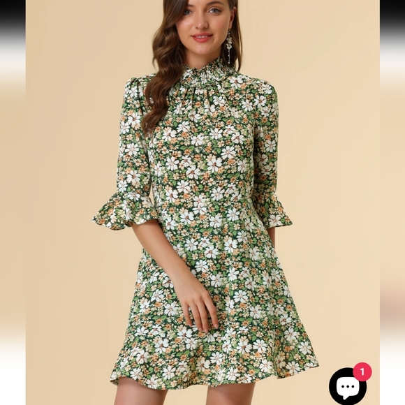 Allegra K Dresses & Skirts - Allegra K Floral 3/4 Bell Sleeves Smocked Belted Flare Ruffle Dress Size S